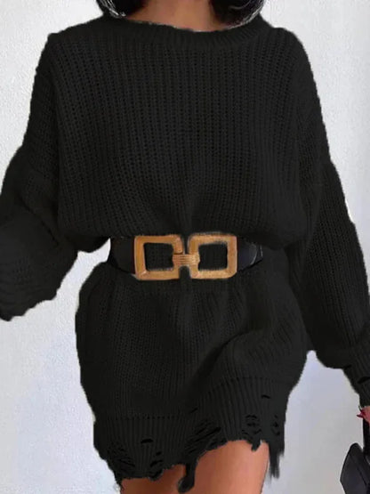 Women's Solid Color Crew Neck Ripped Sweater Dress - Shello's Creative Boutique