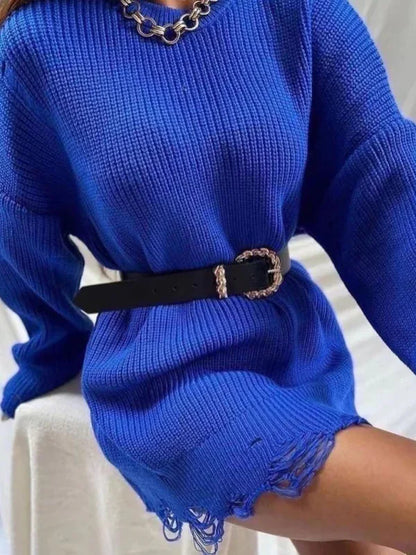 Women's Solid Color Crew Neck Ripped Sweater Dress - Shello's Creative Boutique