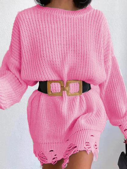 Women's Solid Color Crew Neck Ripped Sweater Dress - Shello's Creative Boutique