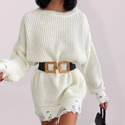 Women's Solid Color Crew Neck Ripped Sweater Dress - Shello's Creative Boutique