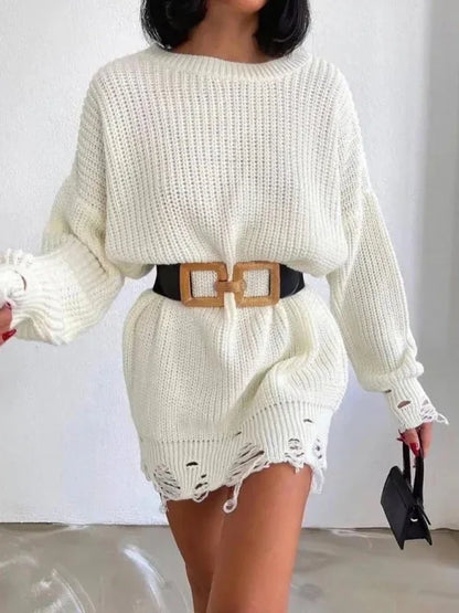 Women's Solid Color Crew Neck Ripped Sweater Dress - Shello's Creative Boutique