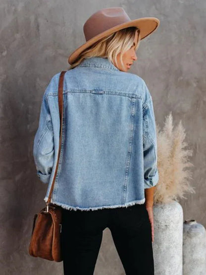 Women's Street Trendy Loose Raw Edge Cropped Denim Jacket: - Shello's Creative Boutique