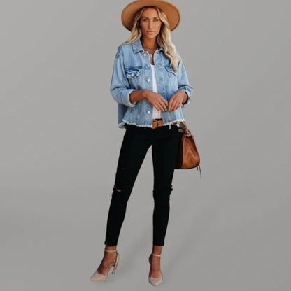Women's Street Trendy Loose Raw Edge Cropped Denim Jacket: - Shello's Creative Boutique