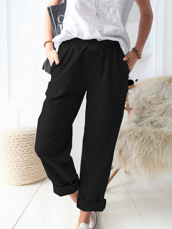 New style solid color casual elastic high waist straight trousers women Shello's Creative Boutique