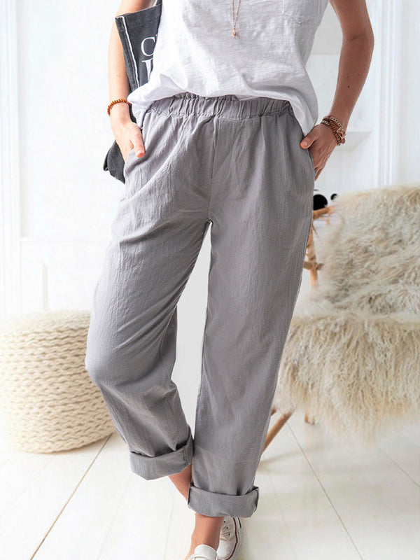 New style solid color casual elastic high waist straight trousers women Shello's Creative Boutique