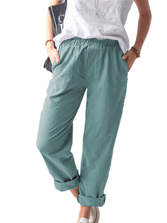 New style solid color casual elastic high waist straight trousers women Shello's Creative Boutique