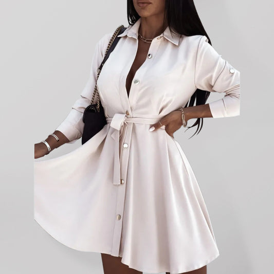 Women's solid lapel button tie dress Shello's Creative Boutique