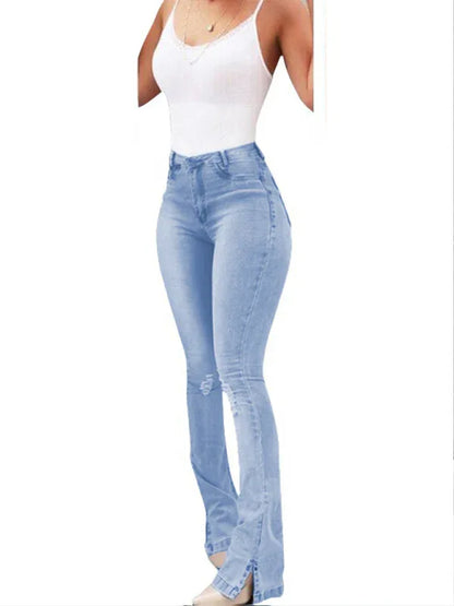 Elastic Slit Flared High Waist Jeans Women's Trousers - Shello's Creative Boutique
