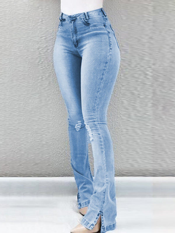 Elastic slit flared high waist jeans women's trousers Shello Creative Boutique