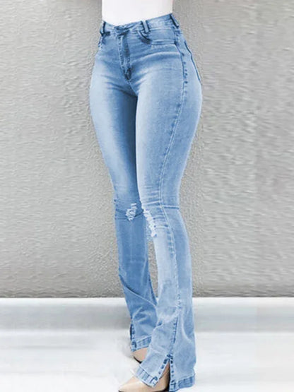 Elastic Slit Flared High Waist Jeans Women's Trousers - Shello's Creative Boutique