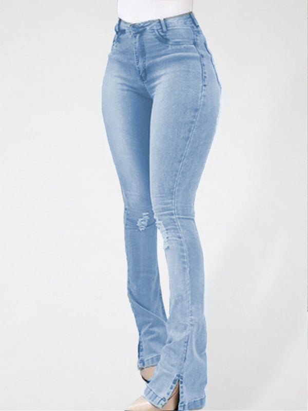 Elastic slit flared high waist jeans women's trousers Shello Creative Boutique