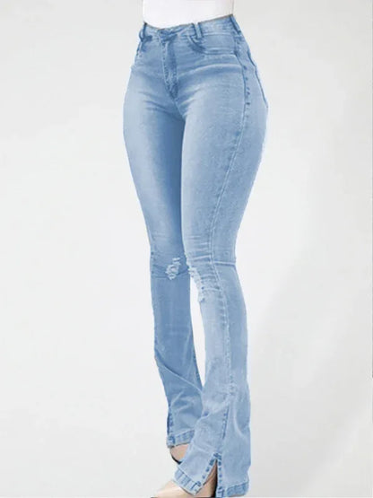 Elastic Slit Flared High Waist Jeans Women's Trousers - Shello's Creative Boutique
