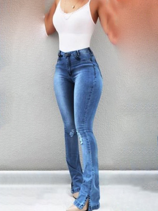 Elastic slit flared high waist jeans women's trousers Shello Creative Boutique