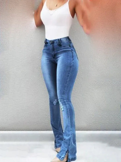 Elastic Slit Flared High Waist Jeans Women's Trousers - Shello's Creative Boutique