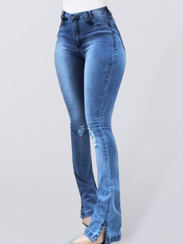 Elastic slit flared high waist jeans women's trousers Shello Creative Boutique