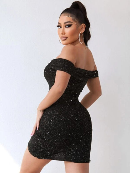 Sexy v-neck one-shoulder dress celebrity party high-end slit hot girl bag hip Shello's Creative Boutique