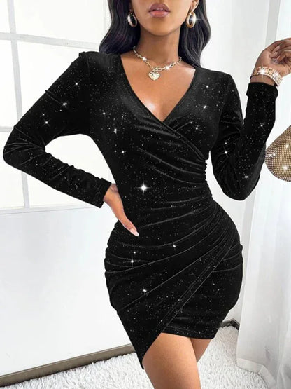Bronzing Gold Velvet Long-Sleeved Miniskirt – Luxe Glamour for Every Occasion - Shello's Creative Boutique