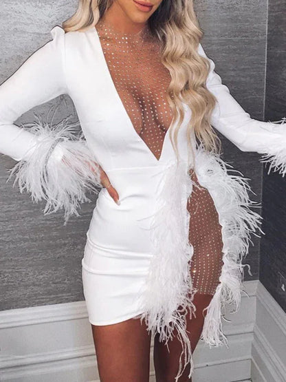 Mesh V-Neck Feather Decoration Slim Dress – A Statement of Elegance - Shello's Creative Boutique
