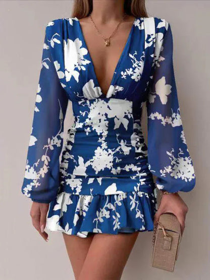 Women's Sexy V-Neck Lantern Long Sleeve Dress – Retro Elegance with a Modern Twist - Shello's Creative Boutique