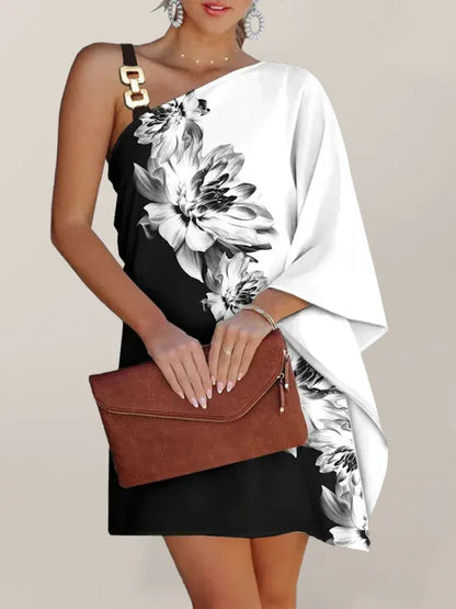 Women's Fashion Print Sexy Diagonal Neck Strapless Dress – Bold, Elegant, and Effortlessly Chic - Shello's Creative Boutique