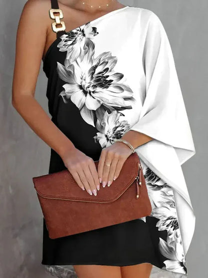 Women's Fashion Print Sexy Diagonal Neck Strapless Dress – Bold, Elegant, and Effortlessly Chic - Shello's Creative Boutique