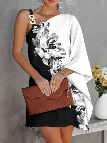 Women's Fashion Print Sexy Diagonal Neck Strapless Dress – Bold, Elegant, and Effortlessly Chic - Shello's Creative Boutique