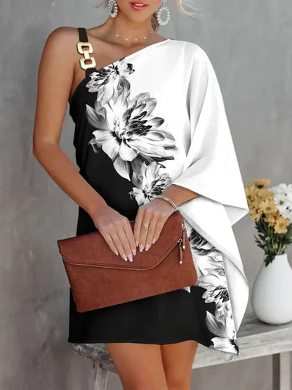 Women's Fashion Print Sexy Diagonal Neck Strapless Dress – Bold, Elegant, and Effortlessly Chic - Shello's Creative Boutique