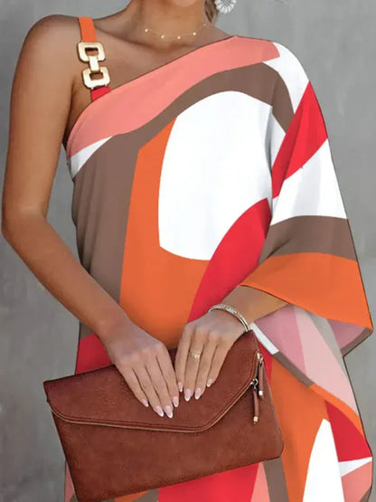 Women's Fashion Print Sexy Diagonal Neck Strapless Dress – Bold, Elegant, and Effortlessly Chic - Shello's Creative Boutique