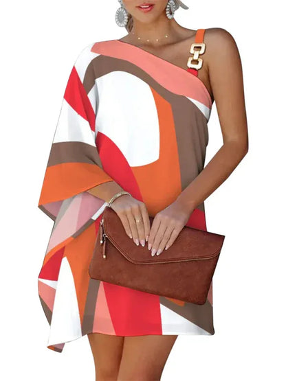 Women's Fashion Print Sexy Diagonal Neck Strapless Dress – Bold, Elegant, and Effortlessly Chic - Shello's Creative Boutique