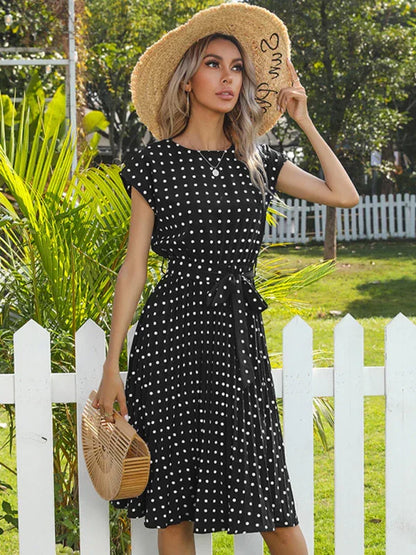 Women's Woven Polka Dot Pleated Midi Dress – Elegance - Shello's Creative Boutique