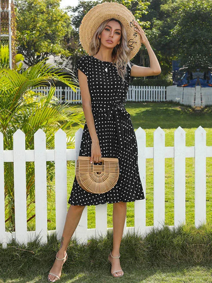 Women's Woven Polka Dot Pleated Midi Dress – Elegance - Shello's Creative Boutique
