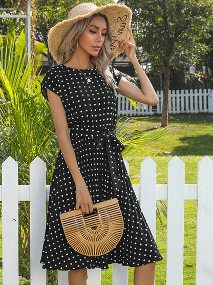 Women's Woven Polka Dot Pleated Midi Dress – Elegance - Shello's Creative Boutique