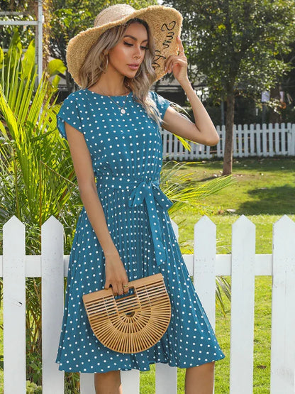 Women's Woven Polka Dot Pleated Midi Dress – Elegance - Shello's Creative Boutique