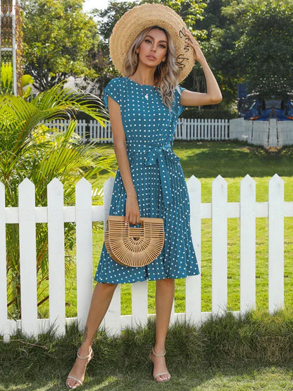 Women's Woven Polka Dot Pleated Midi Dress – Elegance - Shello's Creative Boutique