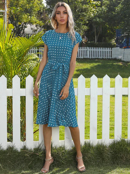 Women's Woven Polka Dot Pleated Midi Dress – Elegance - Shello's Creative Boutique