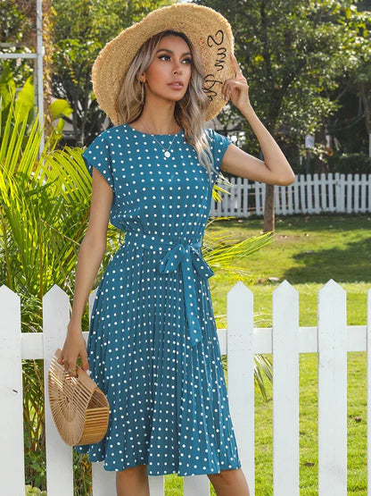 Women's Woven Polka Dot Pleated Midi Dress – Elegance - Shello's Creative Boutique