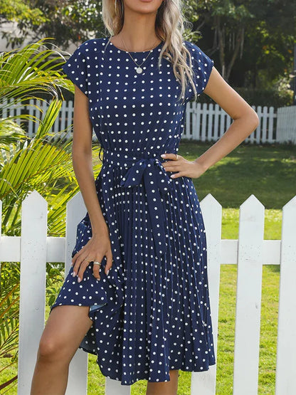 Women's Woven Polka Dot Pleated Midi Dress – Elegance - Shello's Creative Boutique