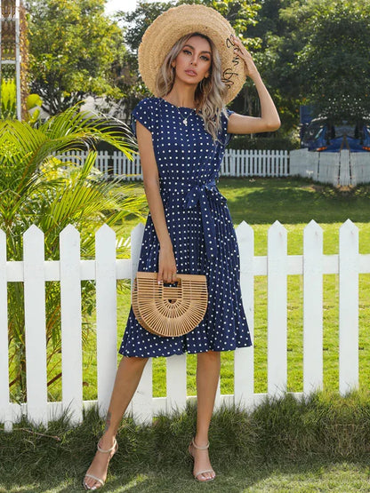 Women's Woven Polka Dot Pleated Midi Dress – Elegance - Shello's Creative Boutique