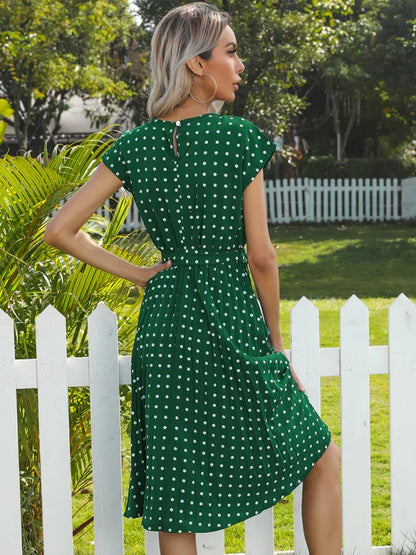 Women's Woven Polka Dot Pleated Midi Dress – Elegance - Shello's Creative Boutique