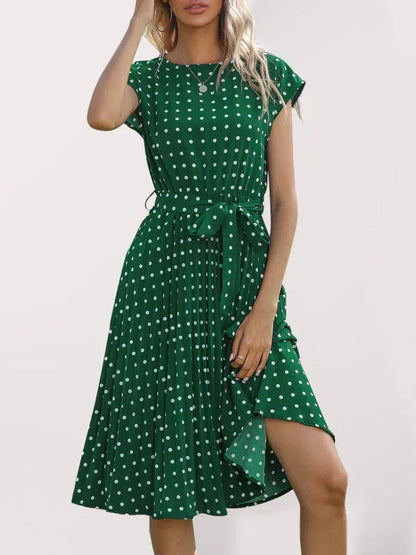 Women's Woven Polka Dot Pleated Midi Dress – Elegance - Shello's Creative Boutique