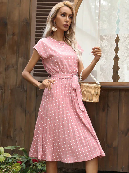 Women's Woven Polka Dot Pleated Midi Dress – Elegance - Shello's Creative Boutique