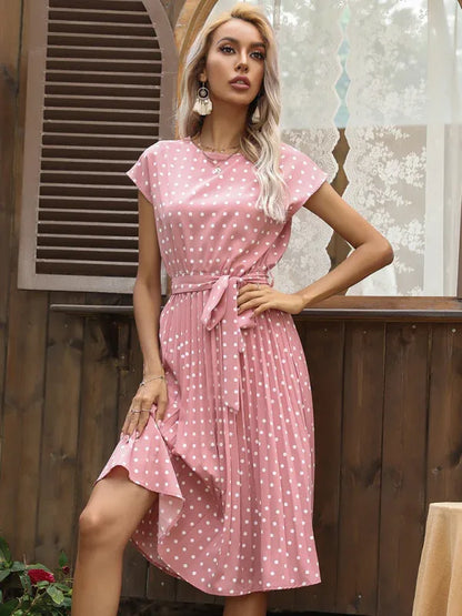 Women's Woven Polka Dot Pleated Midi Dress – Elegance - Shello's Creative Boutique