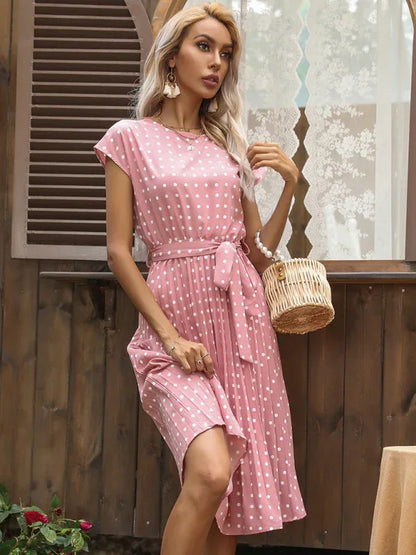 Women's Woven Polka Dot Pleated Midi Dress – Elegance - Shello's Creative Boutique