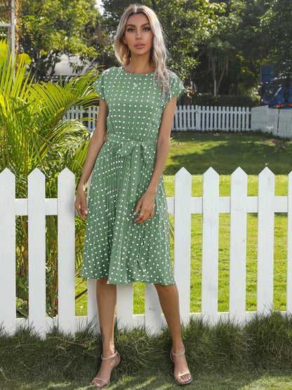 Women's Woven Polka Dot Pleated Midi Dress – Elegance - Shello's Creative Boutique
