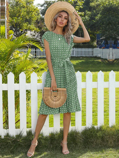 Women's Woven Polka Dot Pleated Midi Dress – Elegance - Shello's Creative Boutique