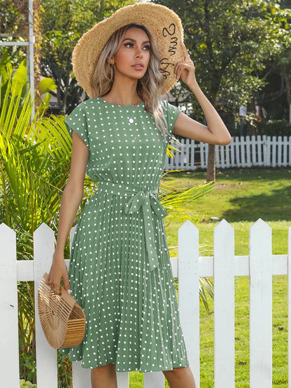 Women's Woven Polka Dot Pleated Midi Dress – Elegance - Shello's Creative Boutique