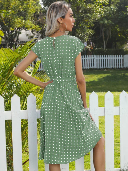 Women's Woven Polka Dot Pleated Midi Dress – Elegance - Shello's Creative Boutique