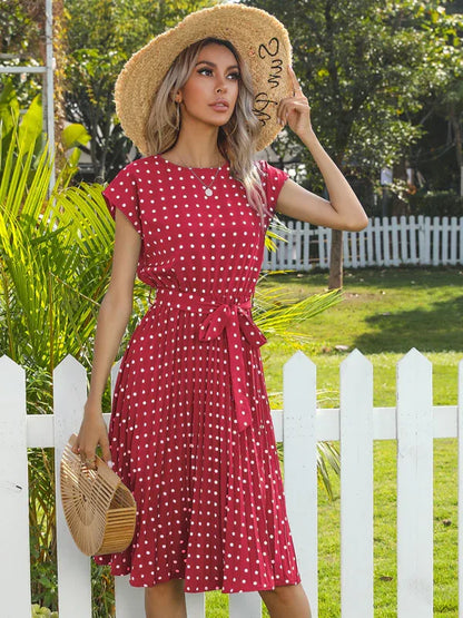 Women's Woven Polka Dot Pleated Midi Dress – Elegance - Shello's Creative Boutique