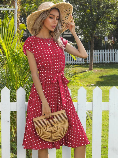 Women's Woven Polka Dot Pleated Midi Dress – Elegance - Shello's Creative Boutique
