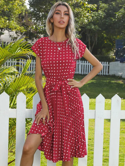Women's Woven Polka Dot Pleated Midi Dress – Elegance - Shello's Creative Boutique